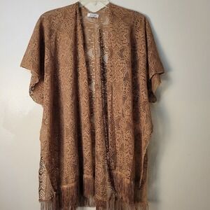 Jovie Womens Brown Floral Lace Fringe Kimono Cardigan Boho Open Front One Size